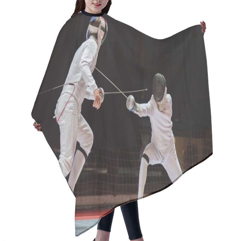 Personality  Two Man Fencing Athletes Fight On Professional Sports Arena  Hair Cutting Cape