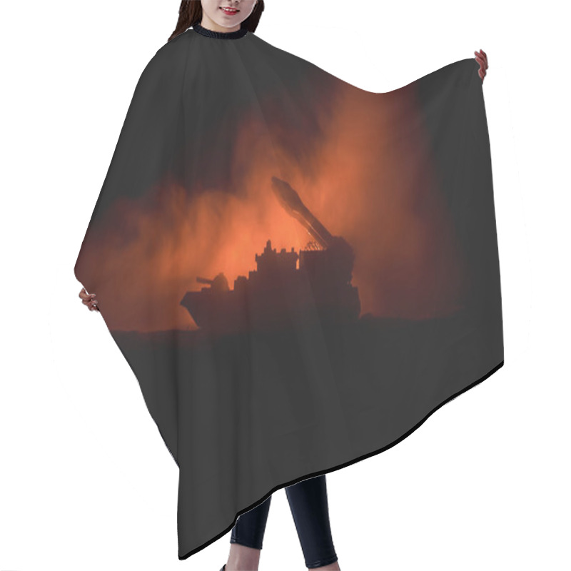 Personality  Sea Battle Scene. Silhouette Of Military War Ship On Dark Foggy Toned Sky Background. Dramatic War Scene With Explosion And Fire As Decoration. Selective Focus Hair Cutting Cape