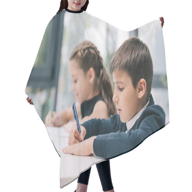 Personality  Schoolkids Studying In Classroom Hair Cutting Cape