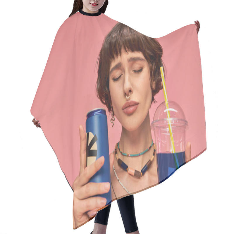 Personality  Young Woman With Short Brunette Hair And Closed Eyes Holding Blue Summer Drinks On Pink Backdrop Hair Cutting Cape