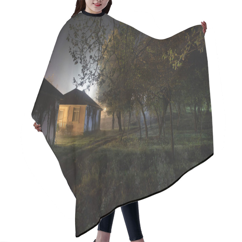 Personality  Old House With A Ghost In The Forest At Night Or Abandoned Haunted Horror House. Old Mystic Building In Dead Tree Forest. Surreal Lights. Horror Halloween Concept Hair Cutting Cape