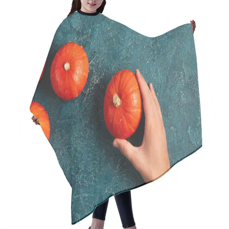 Personality  Cropped View Of Male Hand Near Ripe Orange Pumpkins On Blue Textured Tabletop, Thanksgiving Concept Hair Cutting Cape