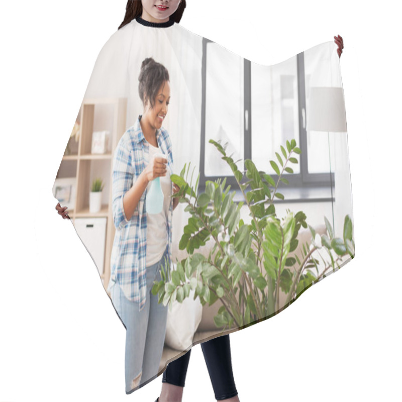 Personality  Happy African Woman Spraying Houseplants At Home Hair Cutting Cape