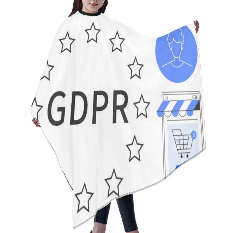 Personality  GDPR Text Surrounded By Stars With Icons Of A Person And An E-commerce Checkout. Ideal For Data Privacy, GDPR, E-commerce, Online Security, IT Compliance. Simple And Modern Style Hair Cutting Cape