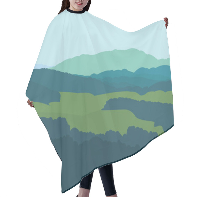 Personality  Vector Graphics Illustration Of A Summer Landscape. An Image Of The Silhouettes Of A Forest, Trees, Mountains And Fields. Hair Cutting Cape