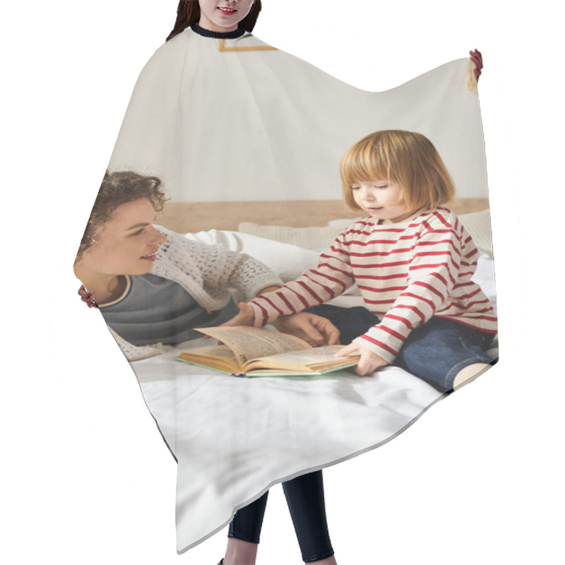 Personality  Mother And Daughter Share A Cozy Moment Reading Together On A Soft Bed, Embracing Modern Parenting. Hair Cutting Cape