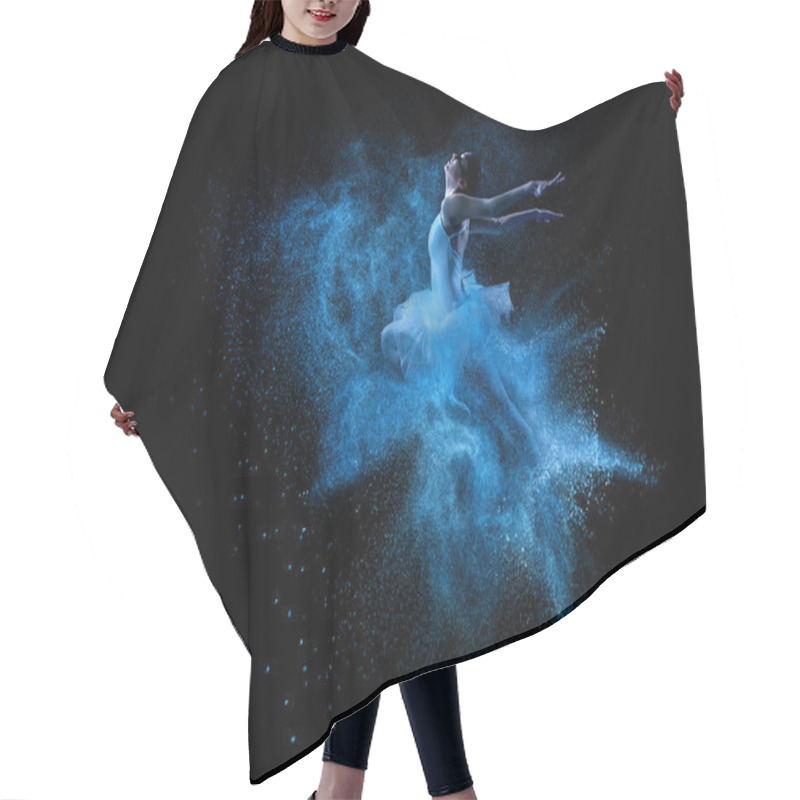 Personality  Young Beautiful Dancer Jumping Into Blue Powder Cloud Hair Cutting Cape