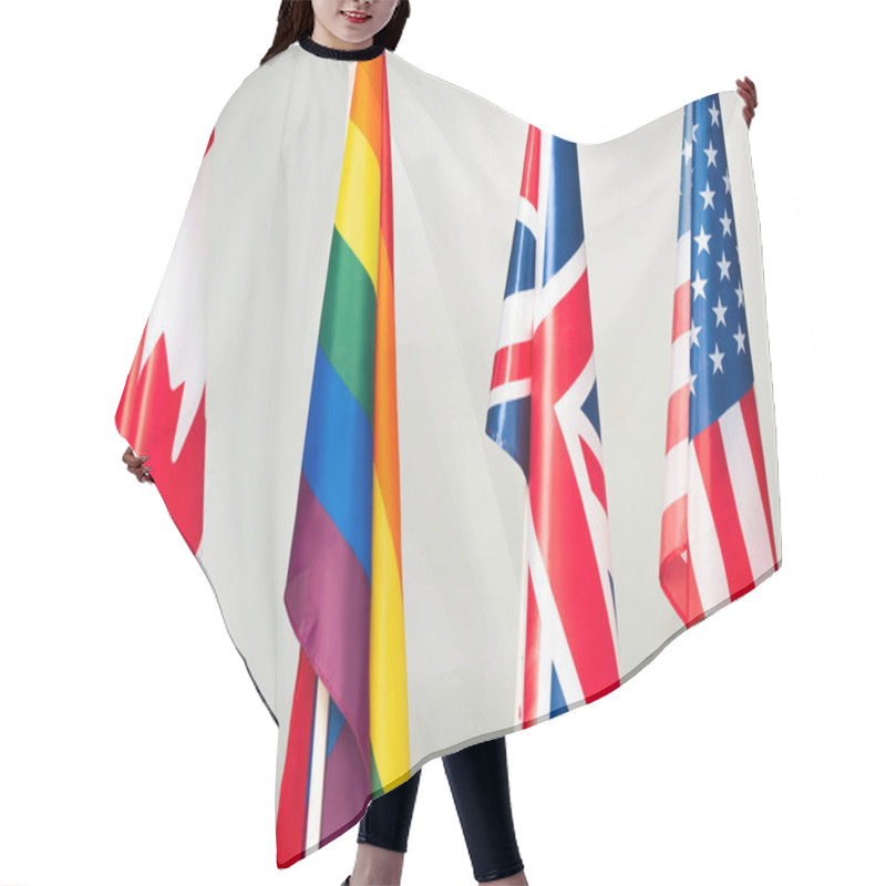 Personality  Flags Of Usa, Canada, Great Britain And Lgbt Isolated On Grey Hair Cutting Cape