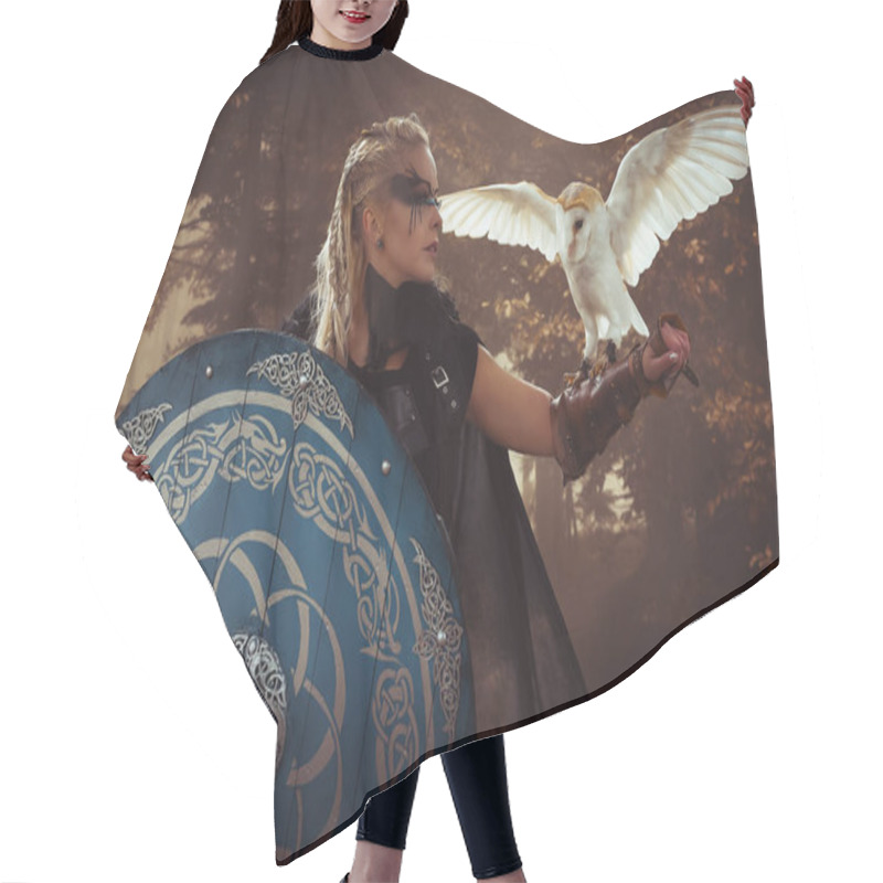 Personality  Warrior, Beautiful White Owl, Viking Blonde Woman With Shield And Sword, Braids In Her Hair. Hair Cutting Cape