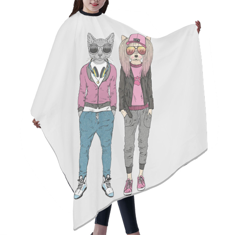 Personality  Dog And Cat Couple In Urban Style Hair Cutting Cape