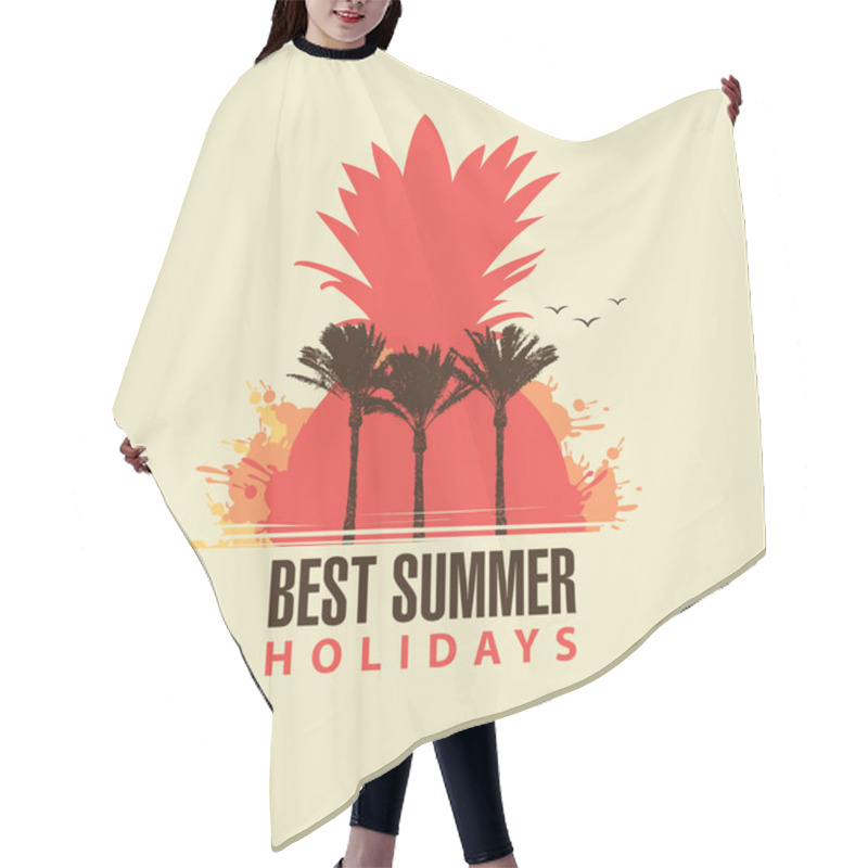 Personality  Travel Banner With Abstract Red Pineapple, Silhouettes Of Palm Trees And Words Best Summer Holidays On A Light Background. Vector Summer Poster, Flyer, Invitation, Card Or T-shirt Design Hair Cutting Cape