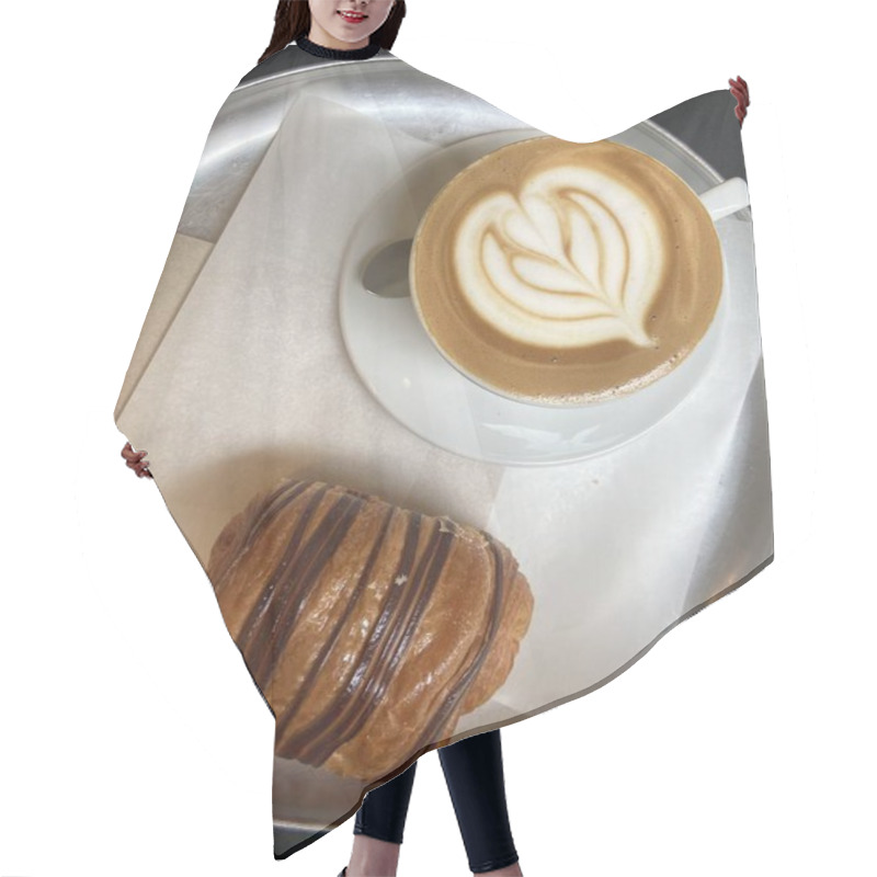 Personality  Latte With Leaf Art And Chocolate Croissant On Metal Tray. High Quality Photo Hair Cutting Cape