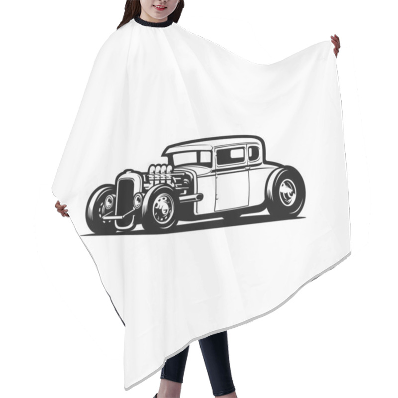 Personality  Monochrome Silhouette Of Classic Hot Rod Lowered Car. Side View. Best For Mechanic And Garage Related Industry Hair Cutting Cape