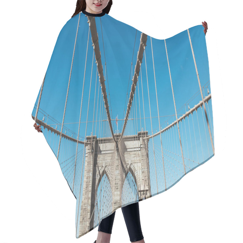 Personality  Brooklyn Bridge With American Flag On Clear Blue Sky And Manhattan On Background, New York, Usa Hair Cutting Cape