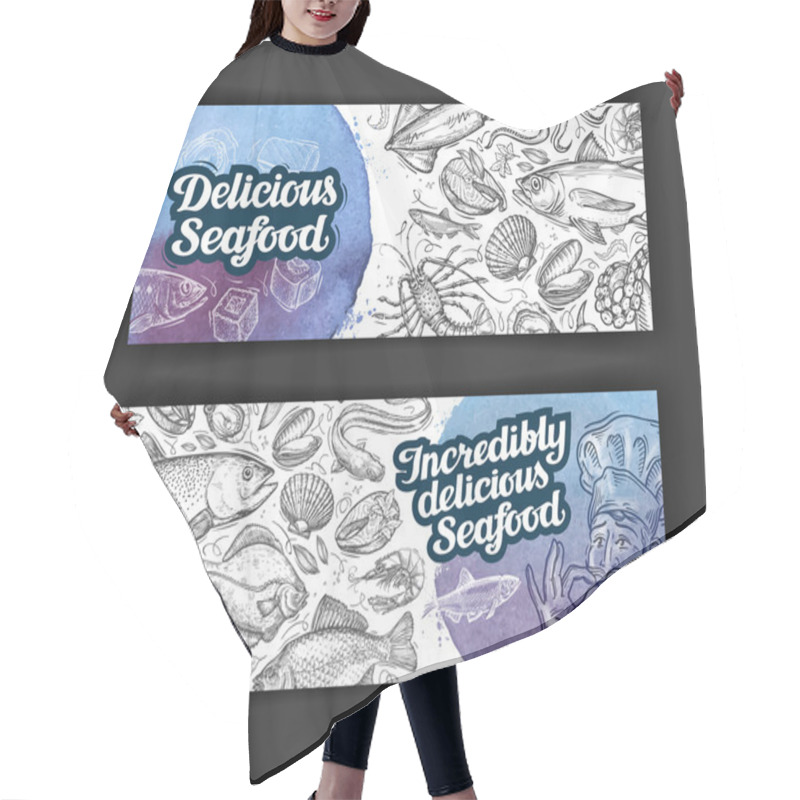 Personality  Menu Seafood. Vector Template Brochure Or Flyer For Restaurant And Cafe. Hand-drawn Sketches On The Theme Of Food Hair Cutting Cape