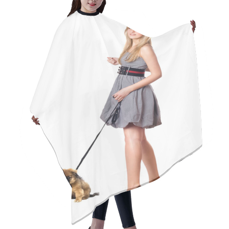 Personality  Blonde Walking Over Her Puppy Hair Cutting Cape