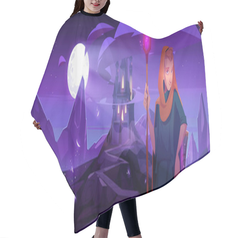 Personality  Wizard With Magic Staff Stand At Night Landscape Hair Cutting Cape