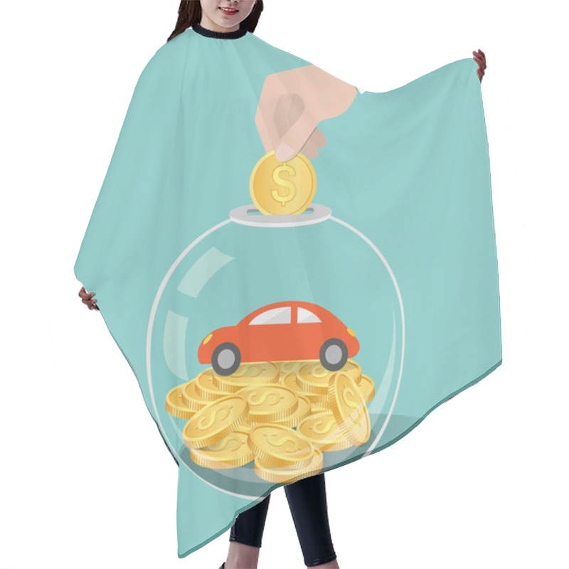 Personality  Money Saving Concept. Hand Putting A Coin Into Glass Bottle. Sav Hair Cutting Cape