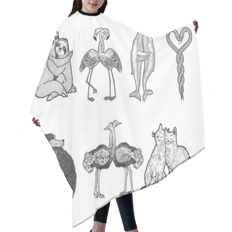 Personality  Animals Love Couple Hug Set Sketch Engraving Vector Illustration. T-shirt Apparel Print Design. Scratch Board Style Imitation. Black And White Hand Drawn Image. Hair Cutting Cape