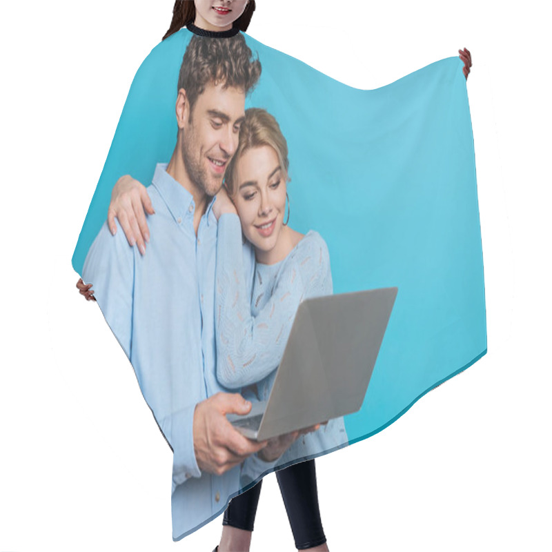 Personality  Happy Girl Hugging Smiling Boyfriend While Looking At Laptop Together On Blue Background Hair Cutting Cape