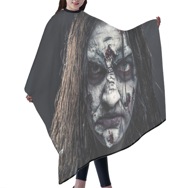 Personality  Portrait Of Horror Zombie Woman Hair Cutting Cape