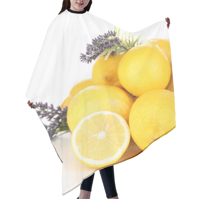 Personality  Still Life With Fresh Lemons And Lavender, Isolated On White Hair Cutting Cape