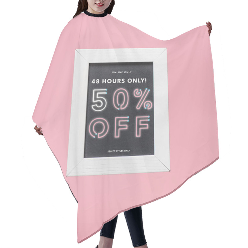 Personality  Shopping Blackboard In White Frame Isolated On Pink With 50 Percents Off Sale Hair Cutting Cape