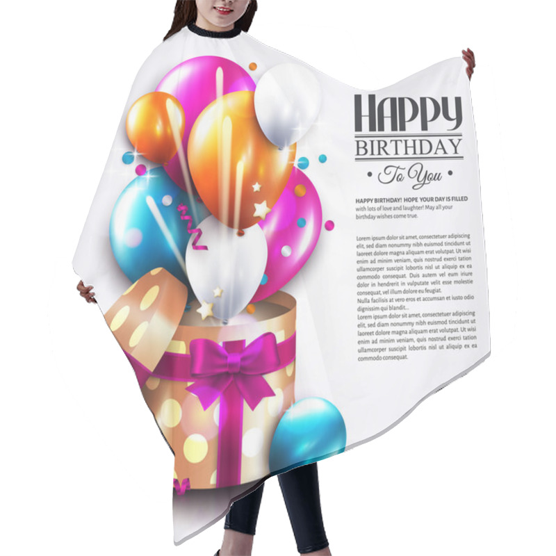 Personality  Birthday Card With Open Gift Box, Balloons And Magic Light Fireworks. Hair Cutting Cape