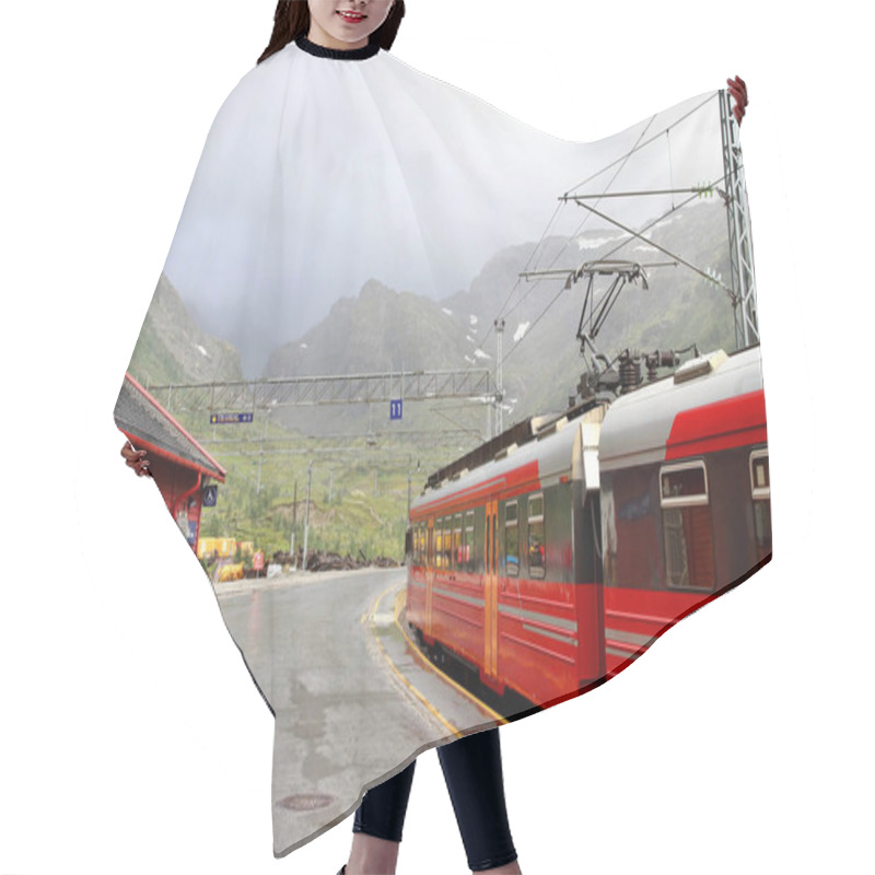 Personality  View Of Voss Mountain Train Stopped At Myrdal Train Station With Snowy Peaks On Backgound, Norway. Hair Cutting Cape