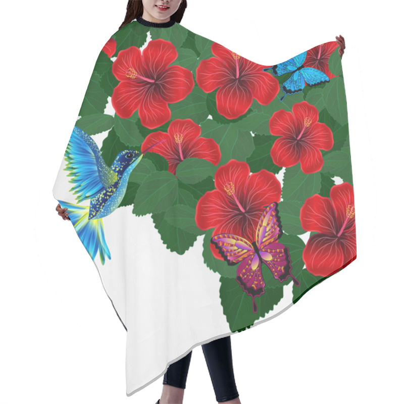 Personality  Floral Design Background. Hibiscus Flowers With Bird, Butterflie Hair Cutting Cape