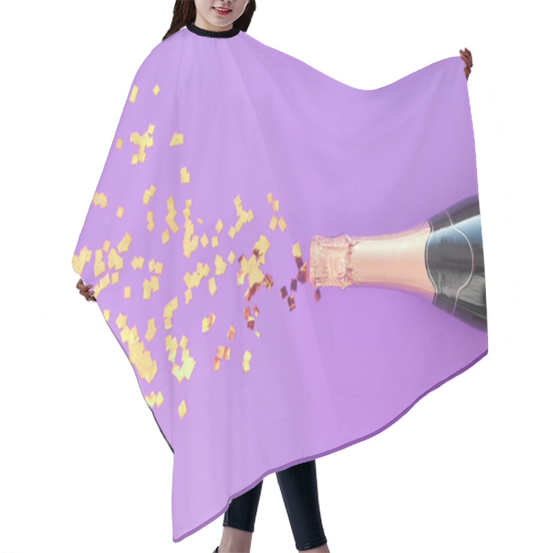 Personality  A Bottle Of Champagne With Confetti On A Fashionable Purple Background. Hair Cutting Cape