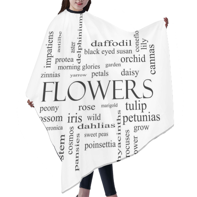 Personality  Flowers Word Cloud Concept In Black And White Hair Cutting Cape