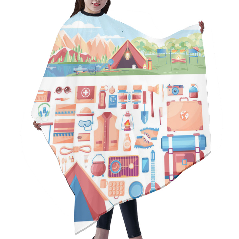 Personality  Illustration Of Day Landscape, Mountains, Sunrise, Travel, Hiking, Nature, Tent, Campfire, Camping, Sports Equipment For Outdoor Activities In Flat Style Hair Cutting Cape