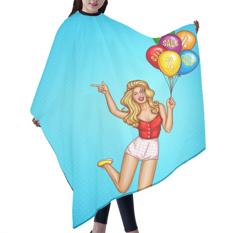 Personality  Vector Pop Art Blonde Woman Jumps With Balloons And Pointing Finger, Blue Dotted Background. Sale, Discount Illustration. Promo Banner, Advertising Poster. Ad Template With Happy Girl, Teenage. Hair Cutting Cape