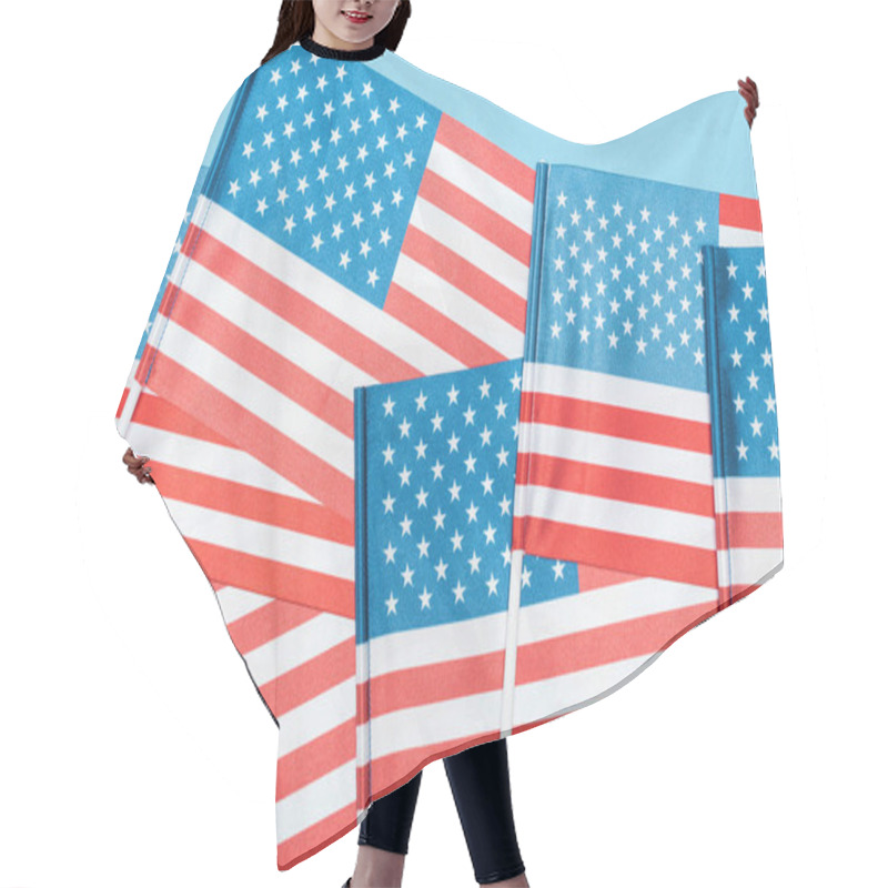 Personality  Close Up View Of Decorative American Flags On Sticks On Blue Background Hair Cutting Cape