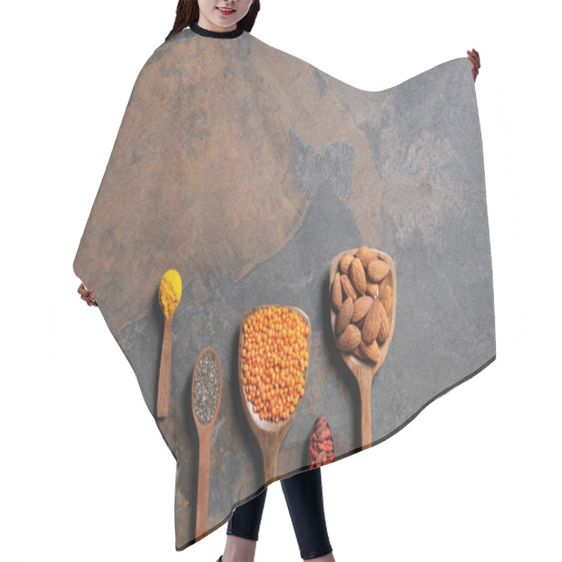 Personality  Flat Lay Of Arranged Wooden Spoons With Superfoods, Red Lentils And Turmeric On Table With Copy Space Hair Cutting Cape