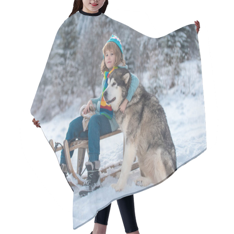 Personality  Winter Children. Little Boy With Dog Having Fun In The Snow. Winter Greeting Card, Banner, Poster. Theme Christmas Holidays Winter New Year. Hair Cutting Cape