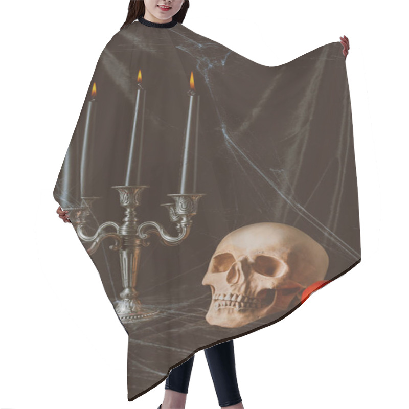 Personality  Skull, Red Apple And Candelabrum With Candles On Black Cloth With Spider Web Hair Cutting Cape