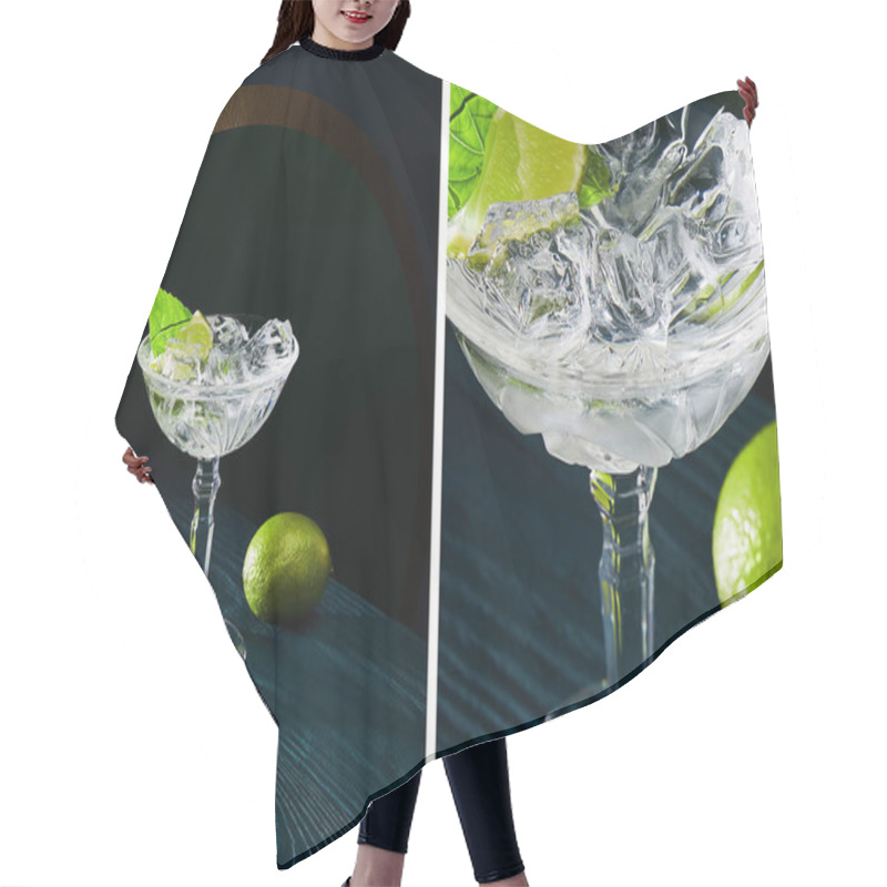 Personality  Collage Of Cocktail Glass With Mint Leaf And Whole Lime On Wooden Background Hair Cutting Cape