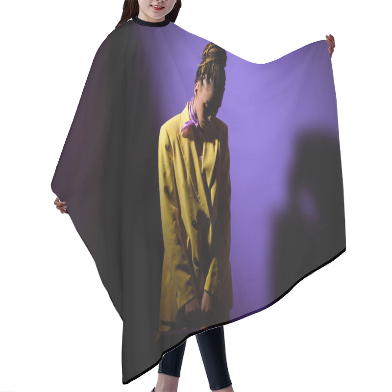 Personality  Stylish African American Girl Posing In Yellow Suit In Dark, On Trendy Ultra Violet Background Hair Cutting Cape