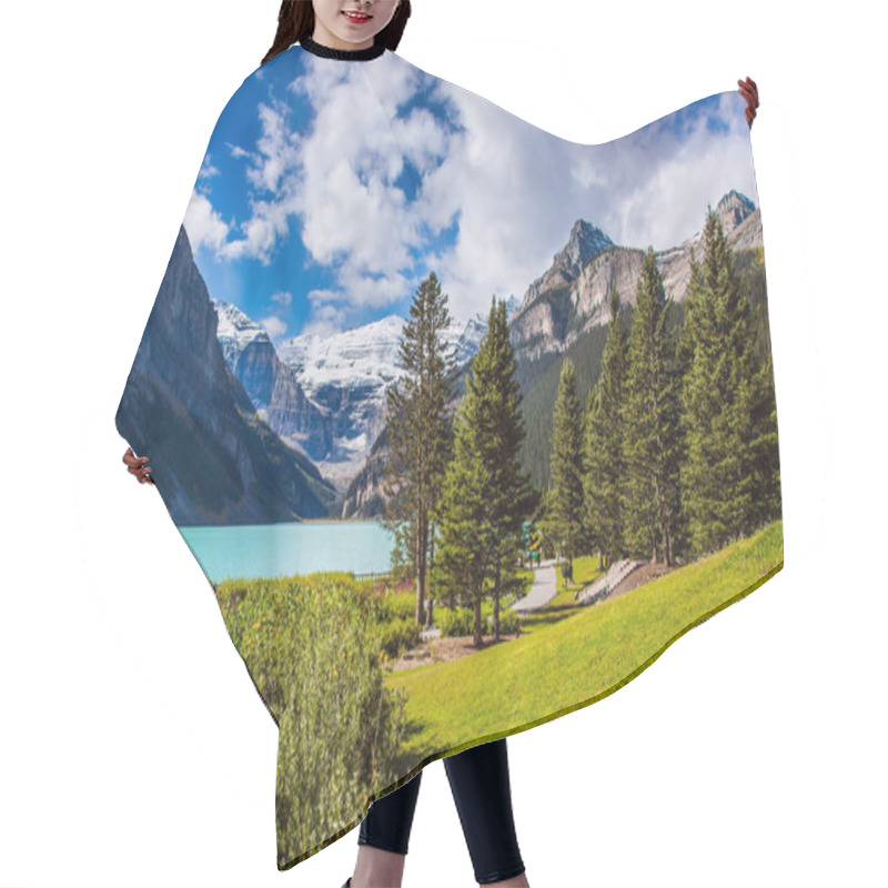 Personality   Glacial Lake Louise. Travel To The Rocky Mountains Of Canada. The Lake With Azure Water Is Surrounded By Mountains And Forests. The Concept Of Ecological, Active And Photo Tourism Hair Cutting Cape