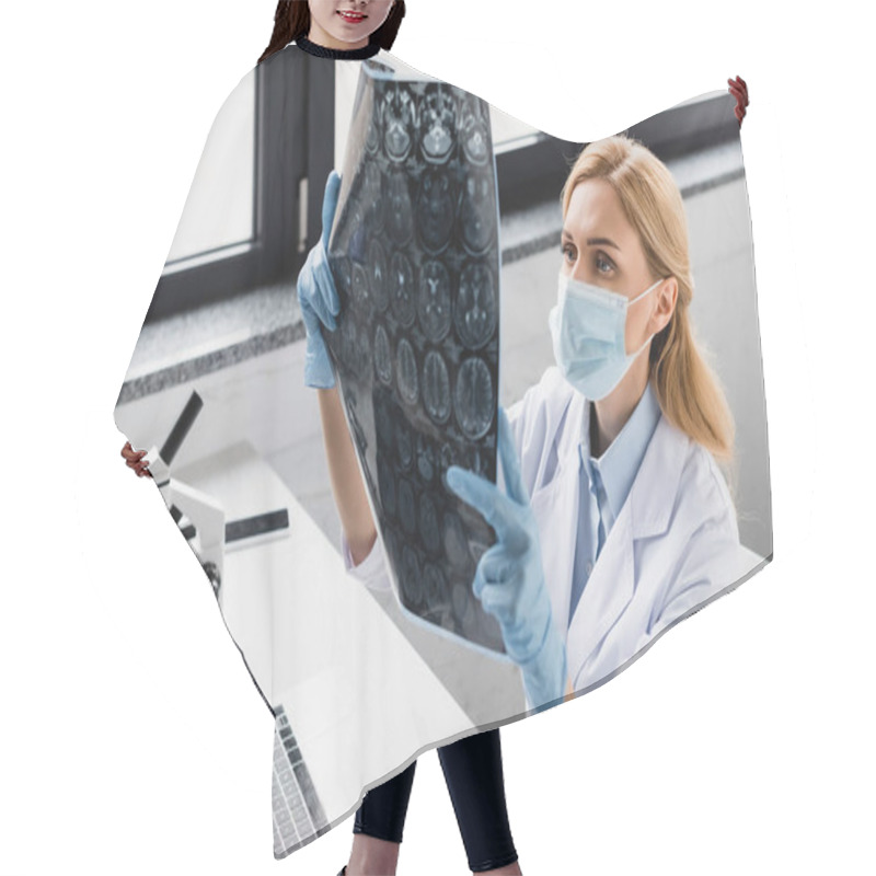 Personality  Scientist In Medical Mask Looking At X-ray Near Devices And Microscope On Desk Hair Cutting Cape