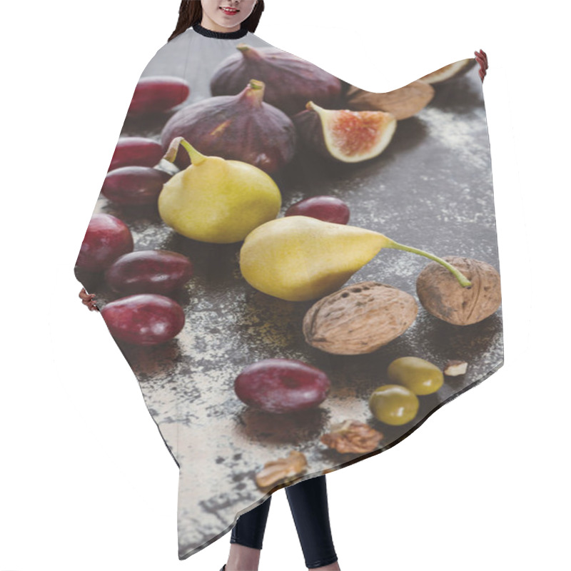 Personality  Close Up View Of Figs, Pears And Hazelnuts Arranged On Tabletop Hair Cutting Cape