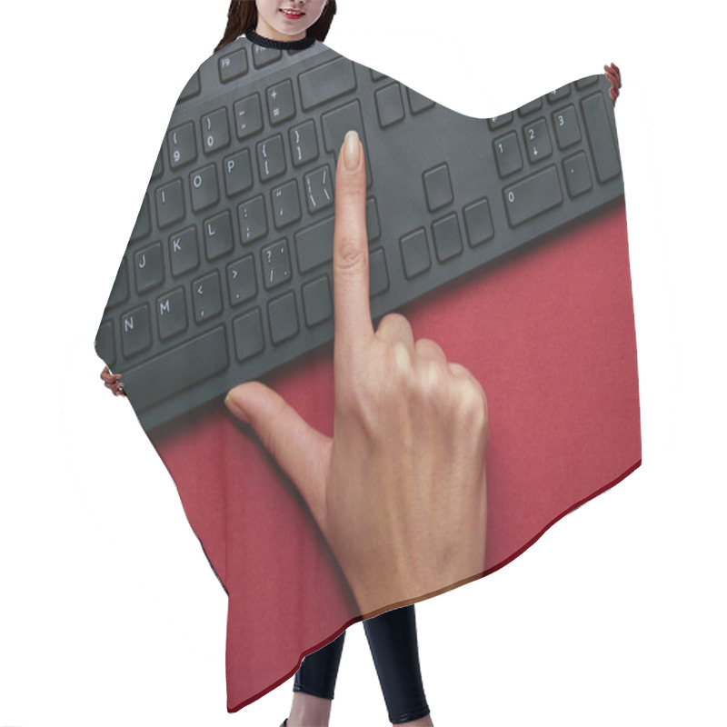 Personality  Top View Of Woman Pushing Button On Black Computer Keyboard On Red Background  Hair Cutting Cape