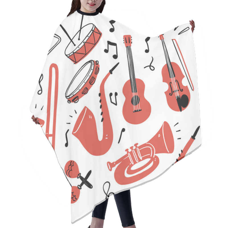 Personality  Musical Instrument Set. Can Be Used For Orchestra, Acoustic Concert, Music, School Concept. Hand Drawn Vector Illustration Doodle Style. Hair Cutting Cape