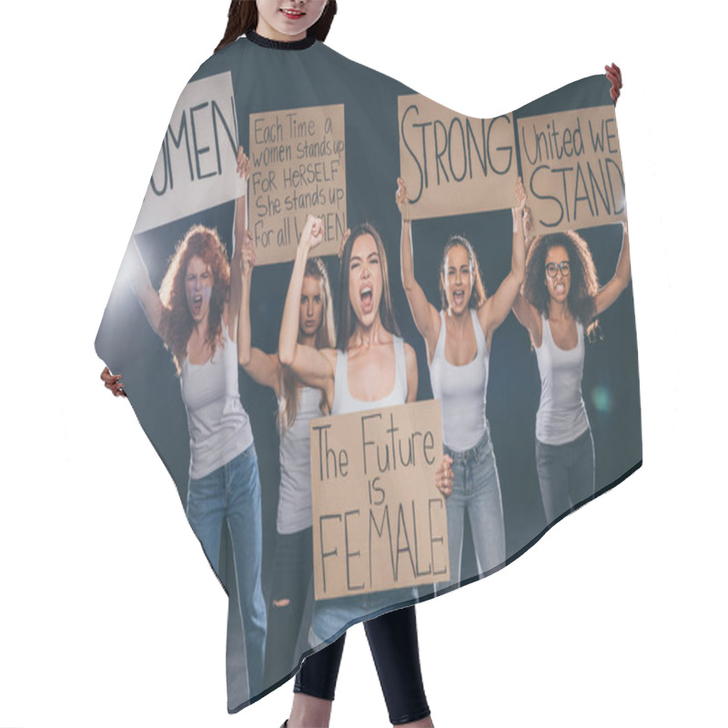 Personality  Emotional Multicultural Women Screaming And Holding Placards On Black   Hair Cutting Cape