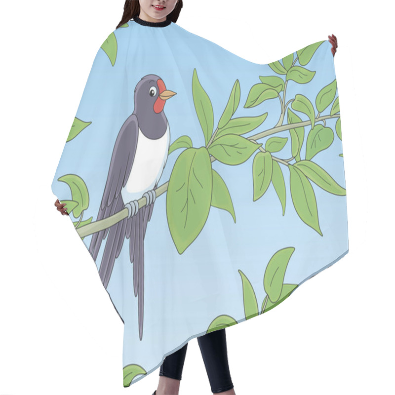 Personality  Small Cute Swallow Perched On A Thin Branch With Green Spring Leaves, Vector Cartoon Illustration Hair Cutting Cape