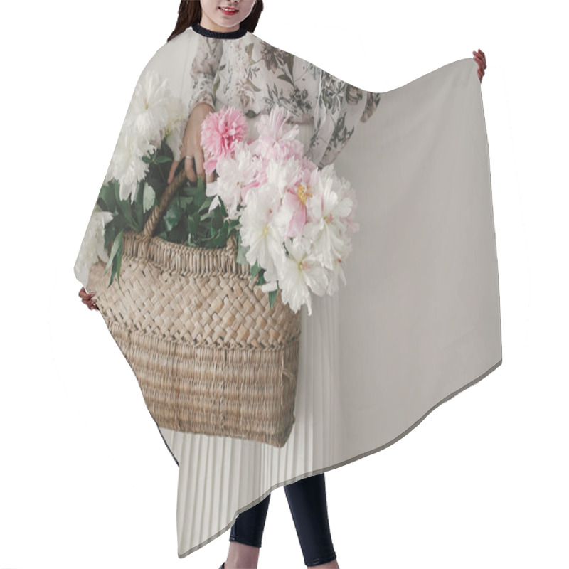 Personality  Boho Girl Holding Pink And White Peonies In Rustic Basket. Stylish Hipster Woman In Bohemian Floral Dress Gathering Peony Flowers. International Womens Day.  Wedding Decor And Arrangement Hair Cutting Cape