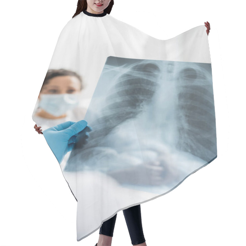 Personality  Radiologist In Latex Glove Holding Lungs X-ray Near African American Woman In Medical Mask On Blurred Background Hair Cutting Cape