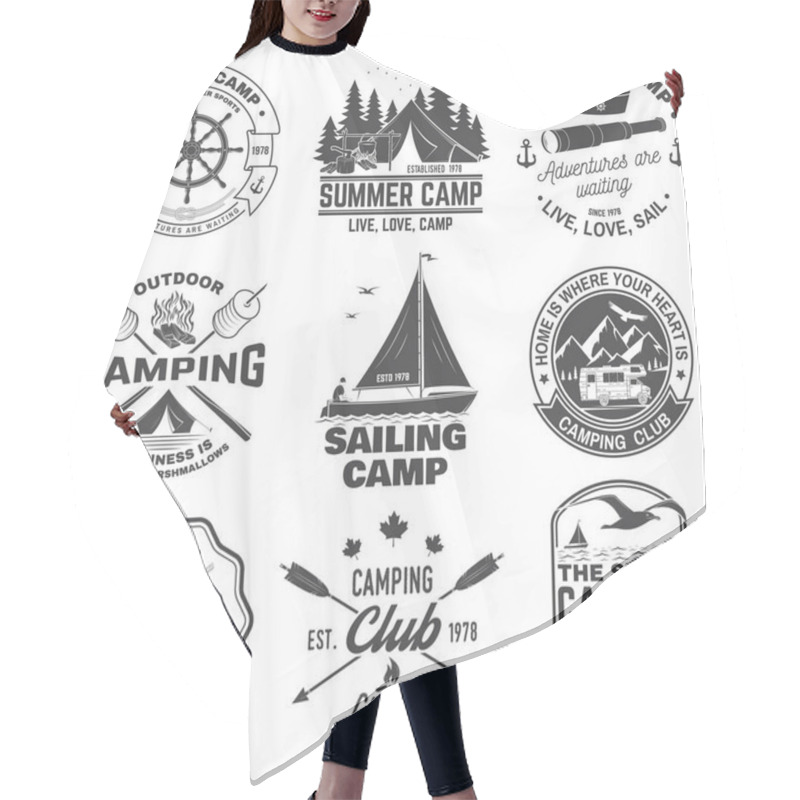 Personality  Set Of Summer Camp And Sailing Badges. Vector. Concept For Shirt Or Print, Stamp. Vintage Typography Design With Trailer, Camping Tent, Sea Anchors, Hand Wheel, Compass Sextant Silhouette Hair Cutting Cape